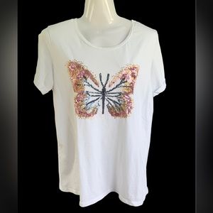 Tee shirt, Crew Neck, Sequined Butterfly, Size Large.